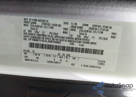 2020 Ford Transit-350 из США, поврежденный, VIN 1FTBW1YG1LKB70505